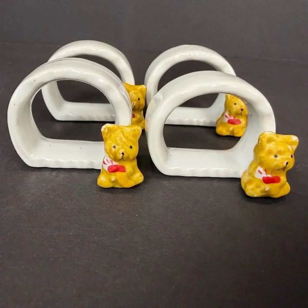 Set of 4 Vintage Ceramic Teddy Bear Napkins Rings, Country, Kitsch, Cozy